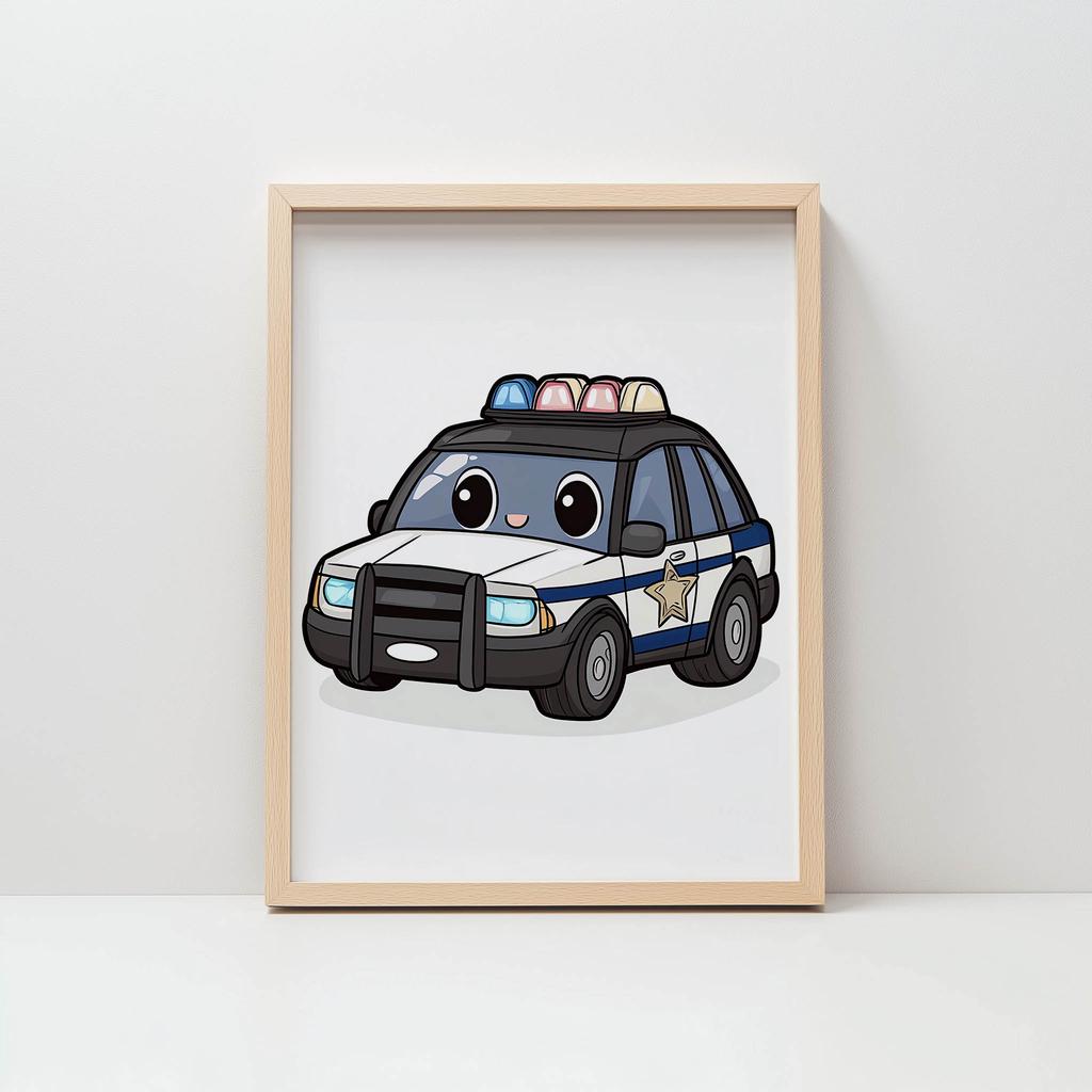 Police Car Poster Police Car Poster, 30X40 Cm, White Wooden Frame, 230 Gsm Matte Paper