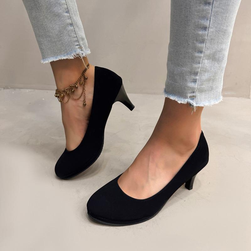 Fashionable Korean Style Round Head Solid Color Velvet High Heel Professional Work Shoes for Women Spring Autumn New Arrival