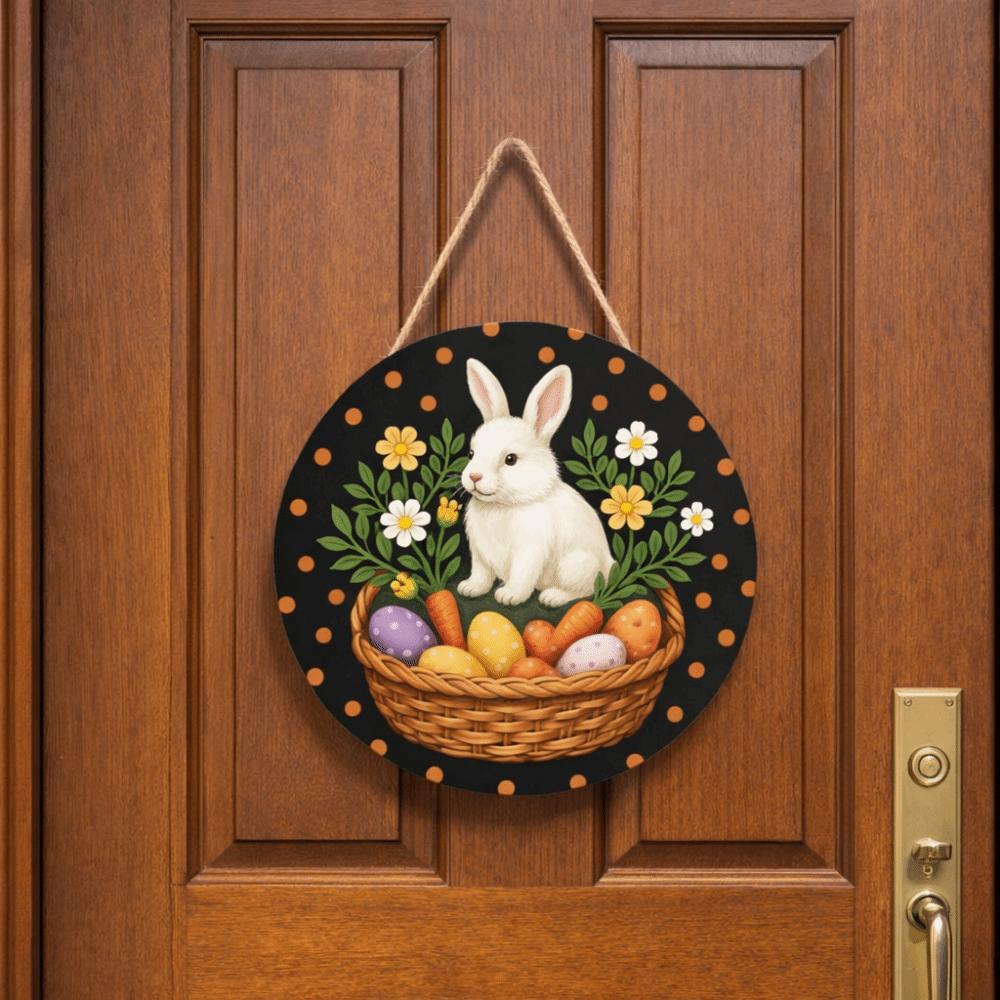 Round Happy Easter Door Sign Wooden Hanging Wood Sign Craft Ornament Egg Door Pendants  Wall