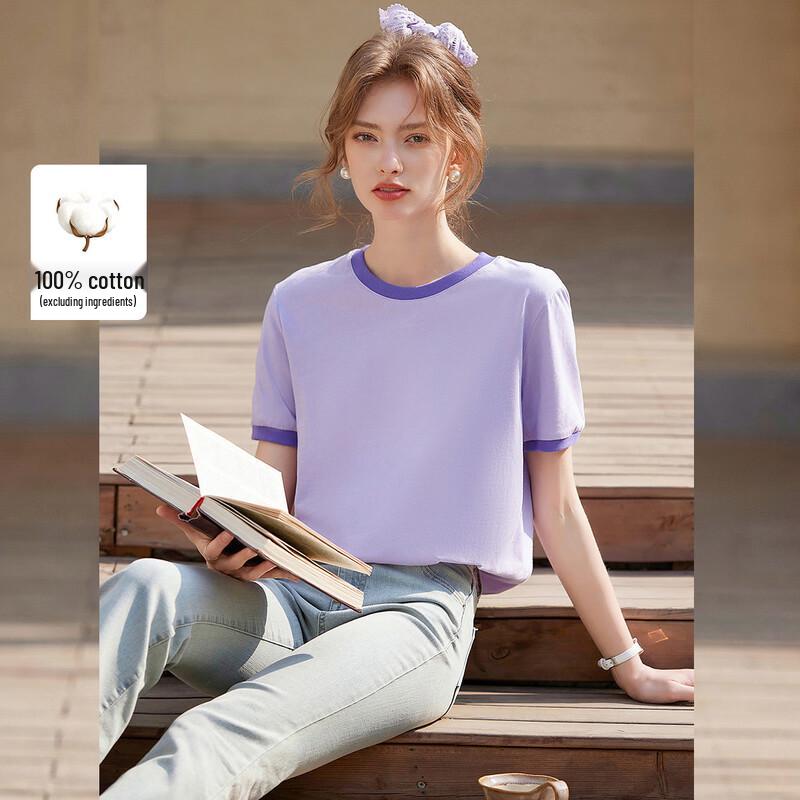 Bailuyu Pure Cotton Color-Block Round Neck T-Shirt XL