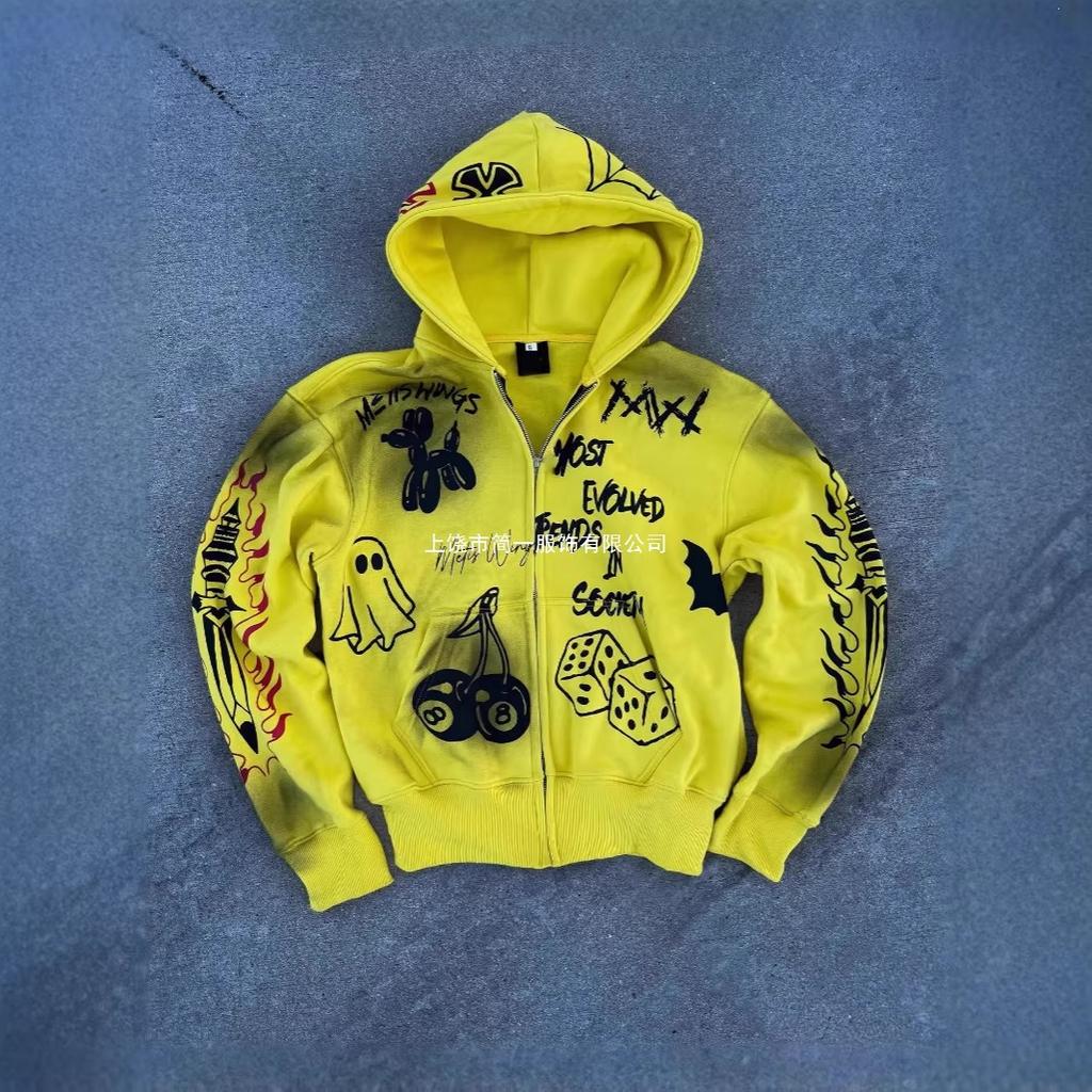 European and American street retro funny ghost print loose zipper long sleeve hoodie sweater
