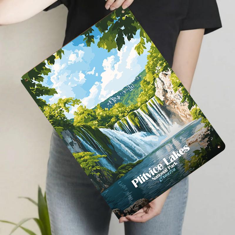 

Plitvice Lakes National Park Waterfall Landscape Metal Wall Art Decor for Home 20x30cm（7.8x11.8inch）