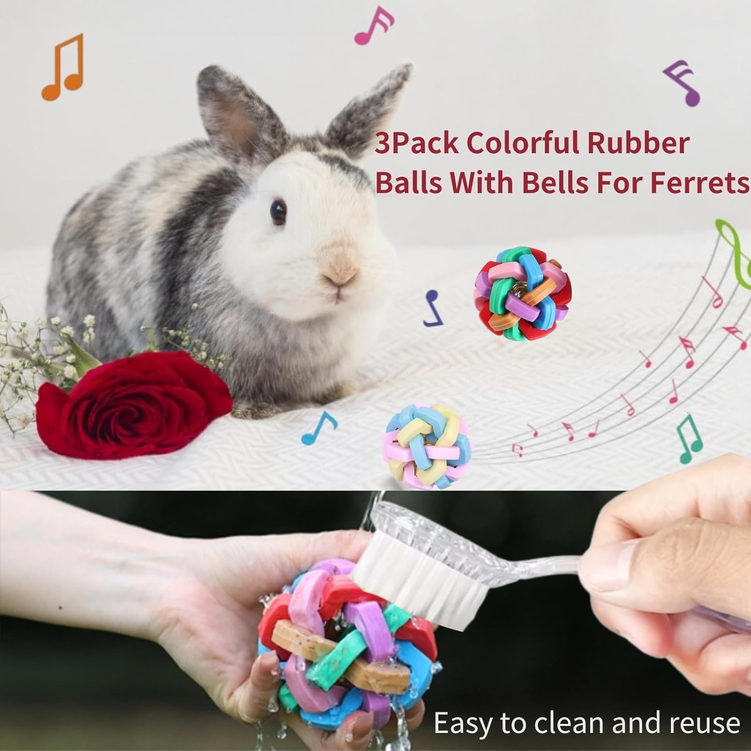

3Pcs Ferret Cat Ball Toys - Colorful Bouncy Rubber Interactive Ball with Bell, Ferret Exercise Scratch Chew Toys for for Indoor Pet Ferret Cat Dog