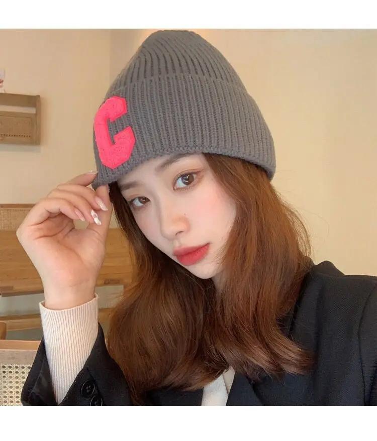 Simple Winter Woolen Big C Letter Hat Women Men Unisex Beanie Cap Outdoor Thick Warm Hip Hop Sport Ski Knitted Hats Console