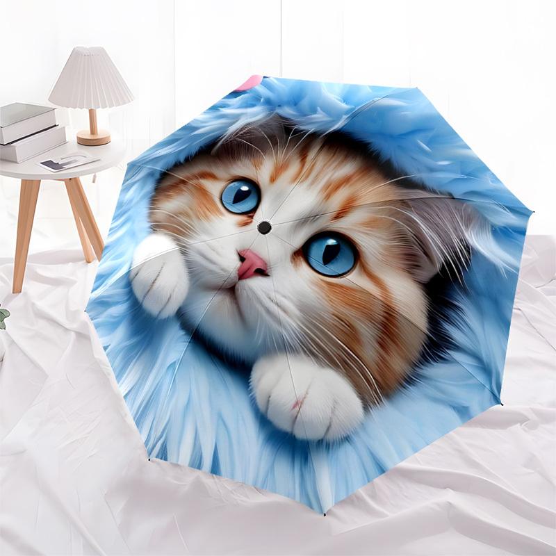 1pc Cat Print Auto-Fold Umbrella with One-Touch Open/Close - 8 Reinforced Ribs for Windproof Stability,  Yy251118121