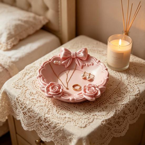 3D Printed Jewelry Tray Small Round Ring Holder Dish with Bow for Women Girls Floral Trinket Bowl Jewelry Organizer for Vanity Dresser Decor