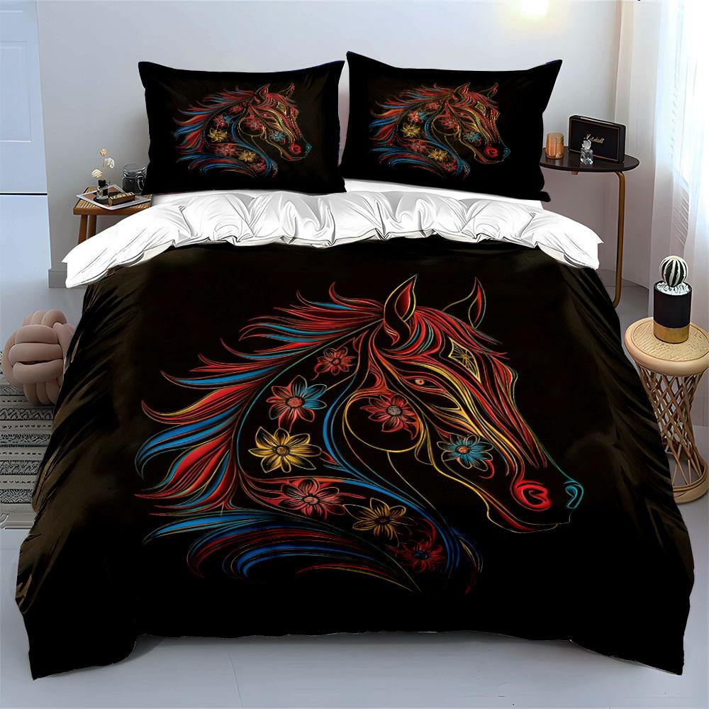 Colorful Floral Horse Artwork Set Soft Comfortable Duvet Cover Bedding Set Included 1*Duvet Cover & 2*Pillowcases, Gift