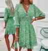 Women's Cute Floral Ruched V Neck Floating Sleeves Three-quarter Sleeve Sundress Casual Spring Summer Dress
