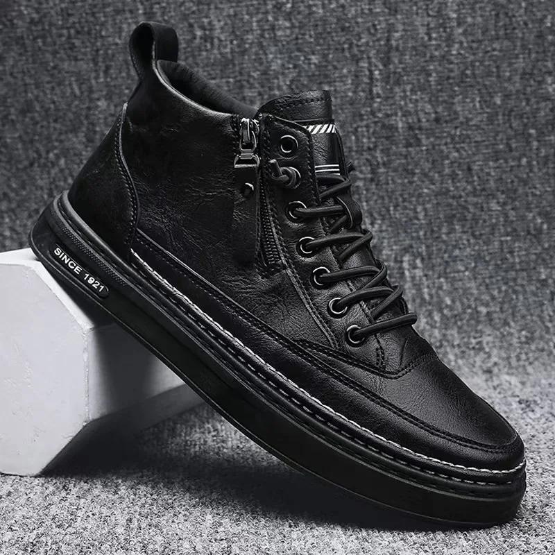 Fashion Mens Boots Winter Fashion High Top Leather Shoes Brown Black Ankle Boots Short Plush Lace-up Cotton Shoes Male Sneakers New