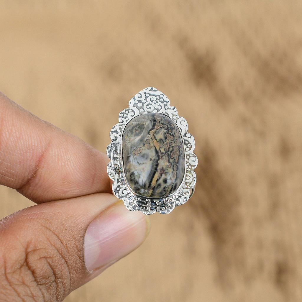 Radiant Natural Leopardskin Jasper Sterling Silver Mother Promise Ring Jewelry
