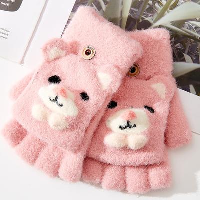 New Children's Warm Knitted Woolen Gloves for Middle-aged and Older Children Aged 7-12 Years Old, Cute Cartoon Bear Flip-top Writing Students
