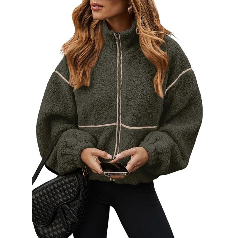 Women Zip‑Up Cropped Teddy Fleece Jacket