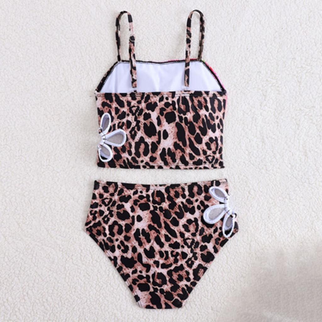 Girls Two Piece Bikini Set with Adjustable Straps and Floral Leopard Print Swimwear for Kids Summer Beach Pool Wear