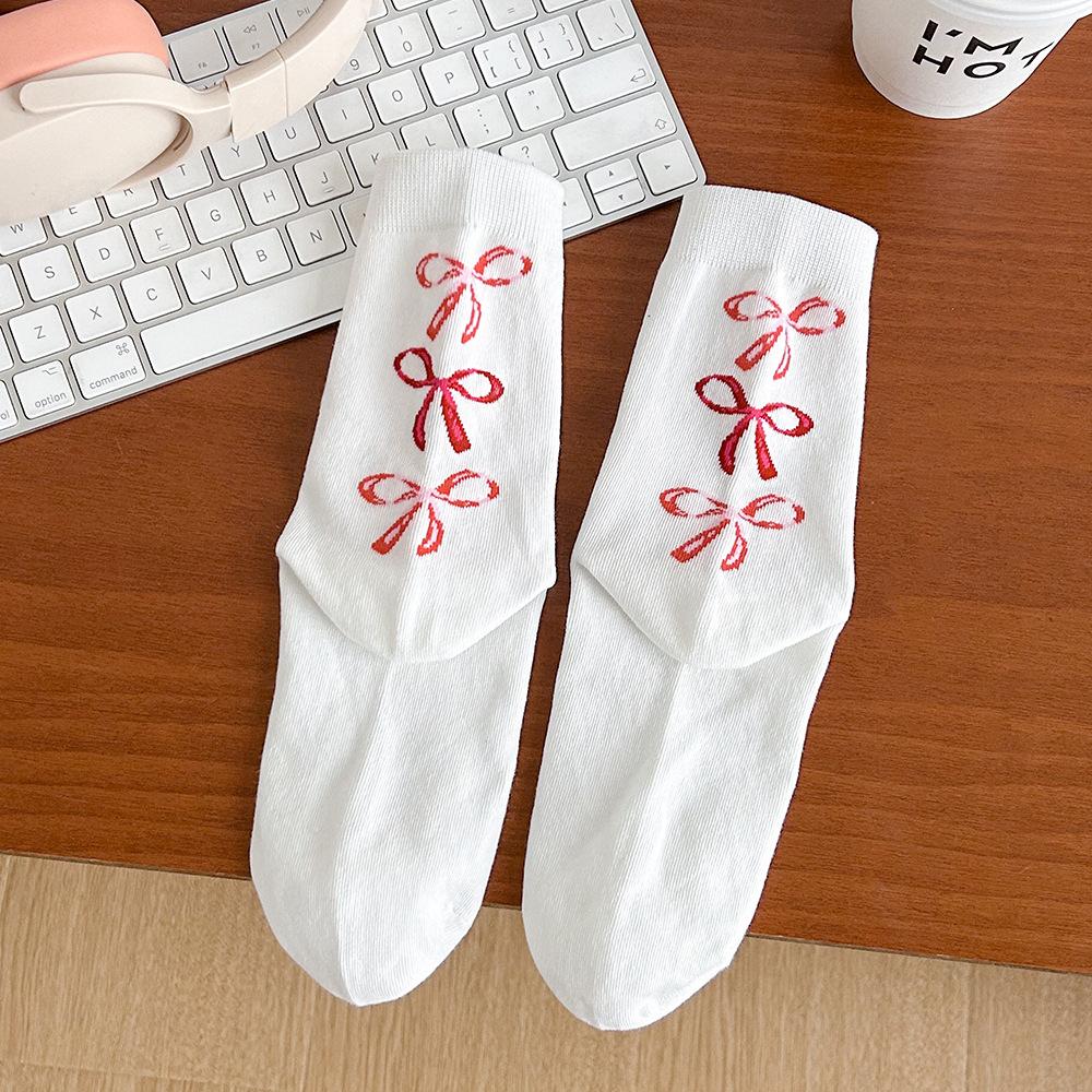 Women's Mid-calf Socks, Pure Cotton Antibacterial Autumn Bow Pile Socks, Ballet-style Boneless Solid Color Cotton Socks, Long Socks
