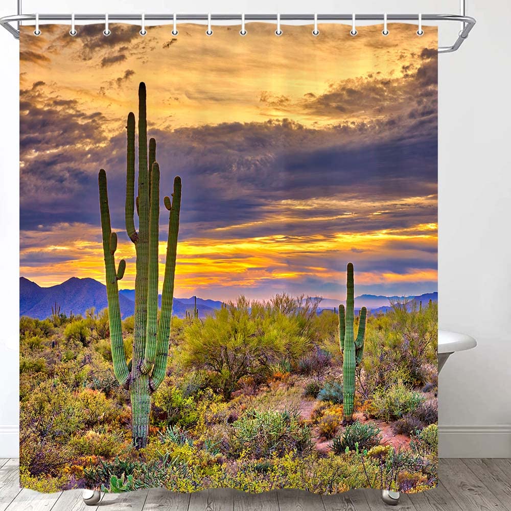Cactus Shower Curtain,Western Nature Wild West Nature Sunset In Sonoran Desert Near Phoenix Fabric Saguaro Bathroom Curtain Sets