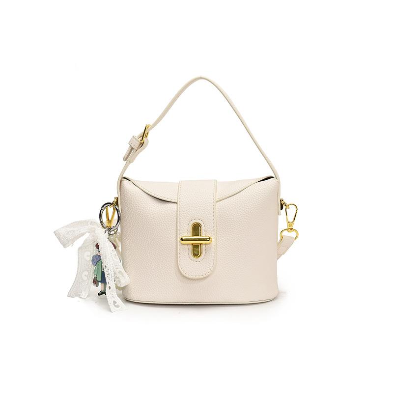 New Popular High-end Lychee Pattern Solid Color Portable Bucket Bag Fashionable Versatile Niche Commuter Style Messenger Women's Bag