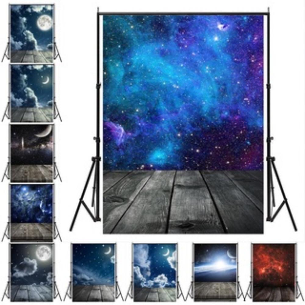 Starry Night Sky Theme Backdrop with Wooden Floorboard&Twinkling Stars for Photography,Weddings,Parties,Events Backdrop