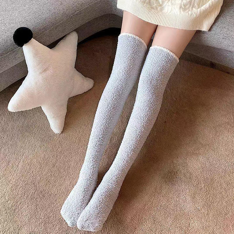 Winter Warm Coral Fleece Over-knee High Socks For Women Plush Home Sleep Floor Long Socking Solid Soft Thigh High Floor Sock