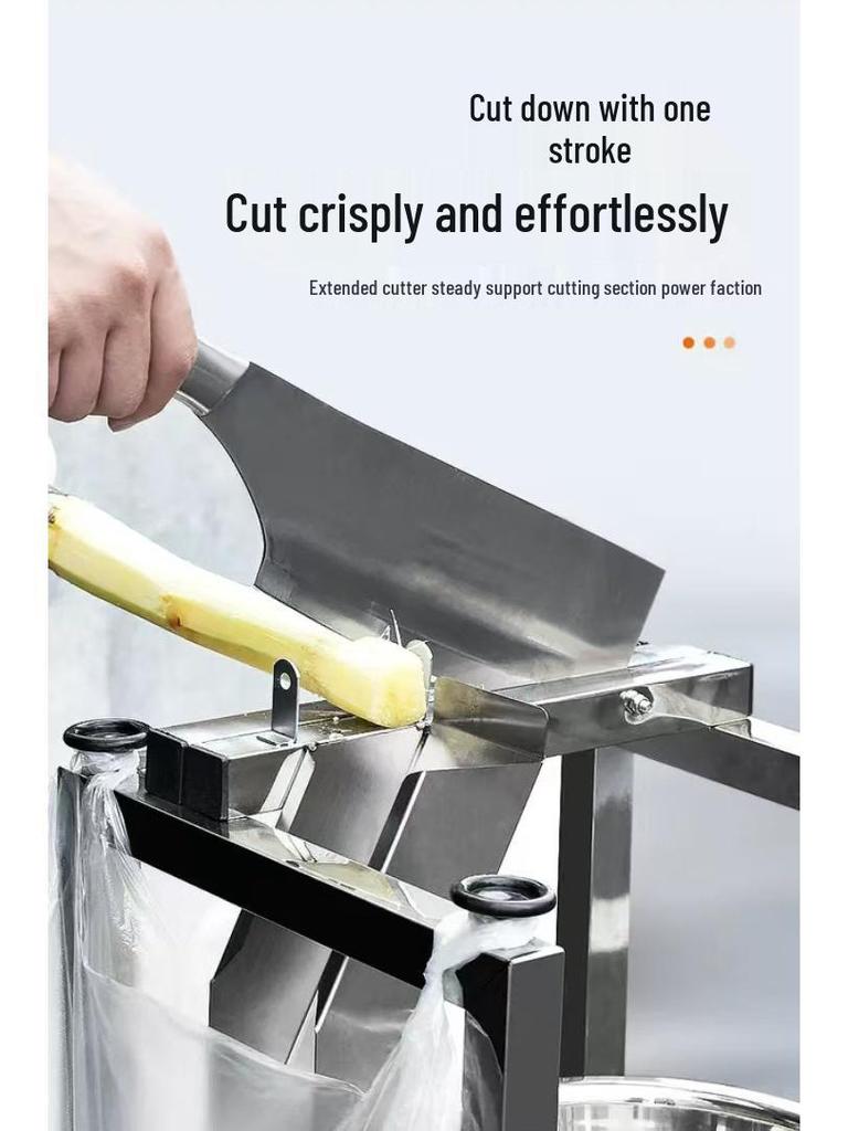 Sugarcane Chopper: All-in-One Stainless Steel Machine for Peeling and Cutting Sugarcane into Sections and Blocks.