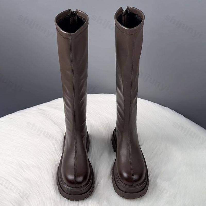 Zimowe Damskie Buty Rycerki Wysokie Modne Zamki z Tyłu Eleganckie Damskie Buty na Platformie Płaskie Długie Buty Krótkie Pluszowe Obuwie Damskie