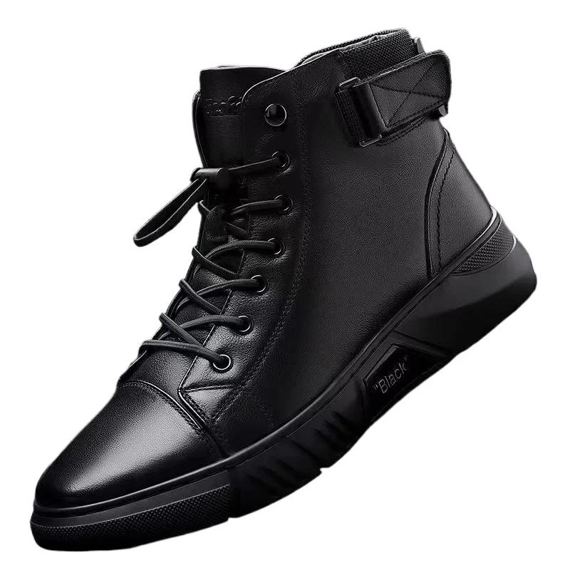 Men's Boots British Casual Platform Leather Boots for Men Black Motorcycle Boots Winter Comfortable Keep Warm Men Ankle Shoes