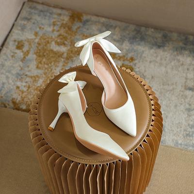 Fashion White Pointed-Toe Bow Stiletto High Heels, Women'S Side-Open Sandals, Satin Shallow Toe Single Shoes