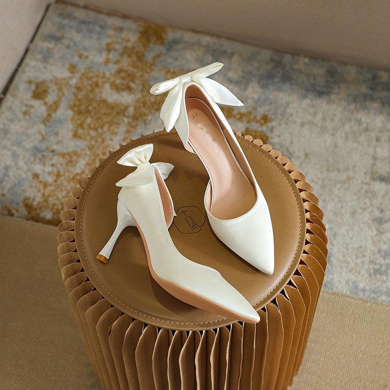

Fashion White Pointed-Toe Bow Stiletto High Heels, Women S Side-Open Sandals, Satin Shallow Toe Single Shoes 42