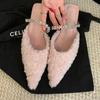 Plush pointed rhinestone half slippers women's 2025 autumn French muller shoes