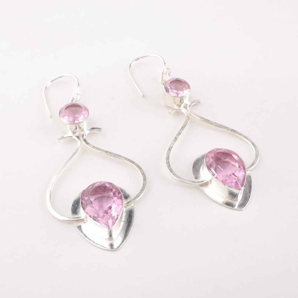 Morganite Gemstone 925 Stamped Silver Handmade Earrings 2.07" Mother's Day Gift EE-170-9