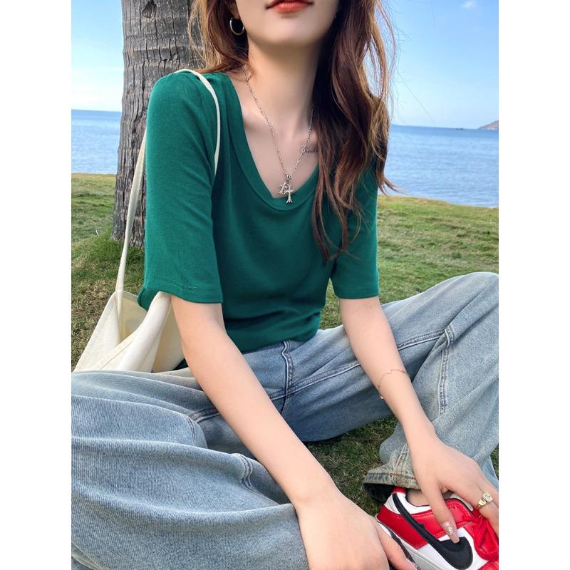 Pure Cotton Short-sleeved T-shirt Women's Summer Loose New Large Neckline T-shirt Slim Green V-neck Half-sleeved Top