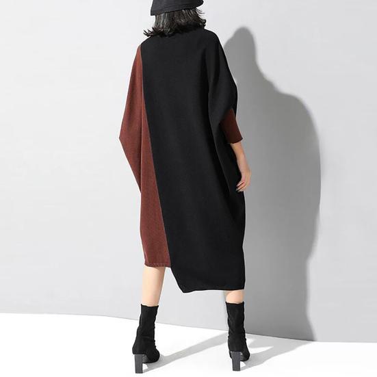 Turtleneck Batwing Long Sleeve Loose Fit Draped Women Dress Autumn Winter Contrast