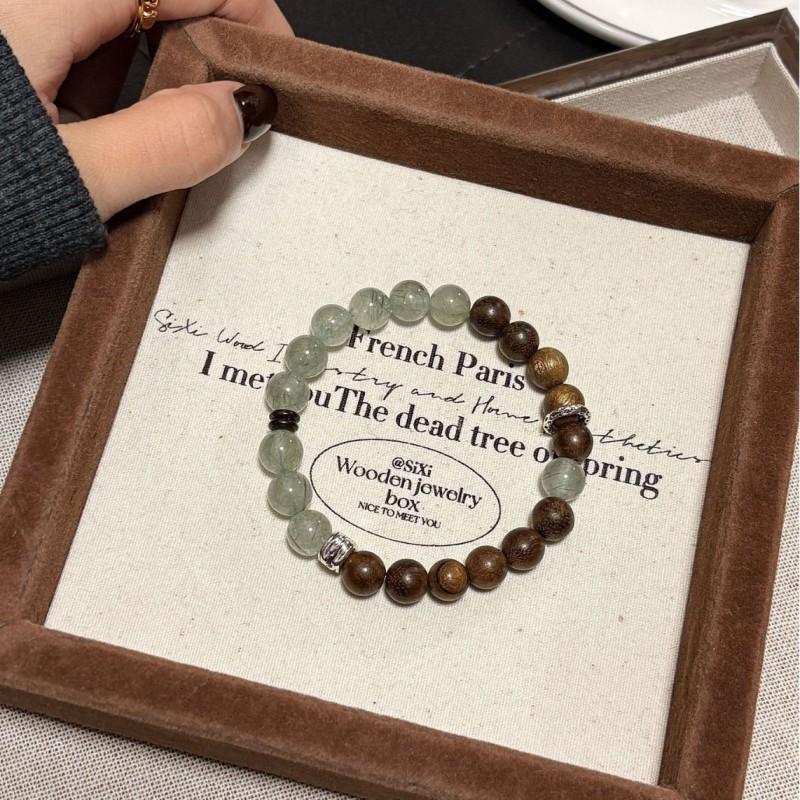Natural Green Rutilated Quartz Agarwood Beaded Bracelet Women Vintage Chinese Style Handmade Jewelry Gift