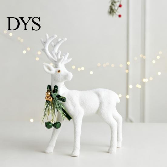 Reusable Tabletop Decoration Pieces White Flocked Elk Ornament, Ribbon Bell Decor 3D Standing Deer Minimalist Ornaments Figurine, Decorative