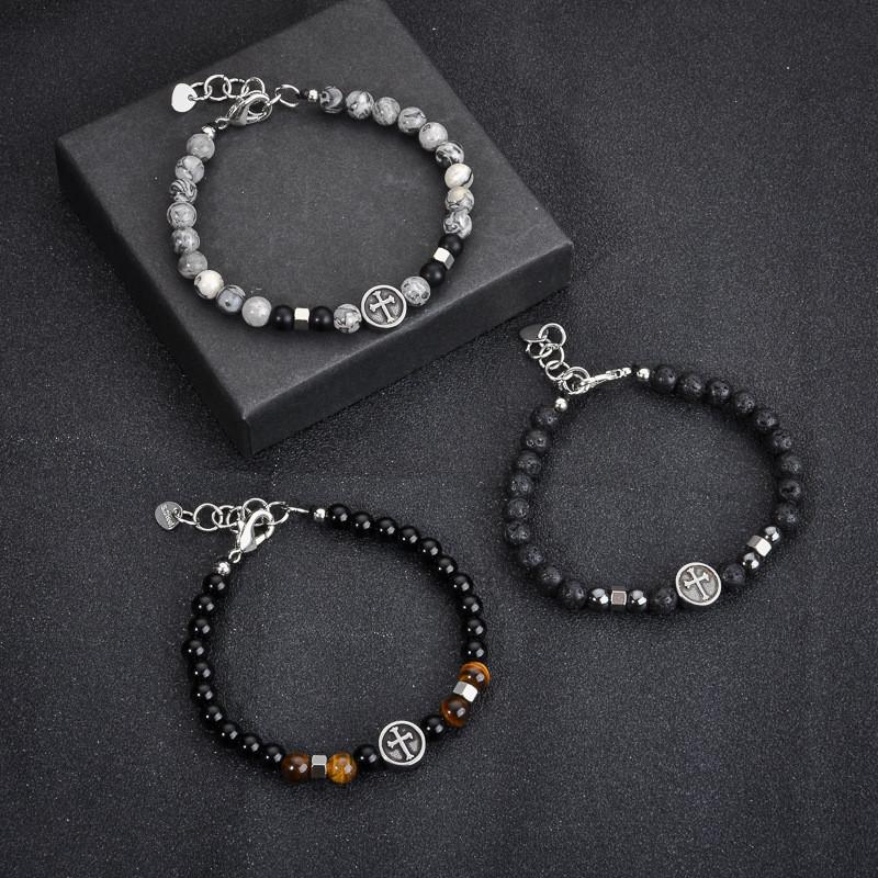 Stainless Steel Cross Mens Bracelet With Geometric Design And Volcanic Stones For Travel Gift