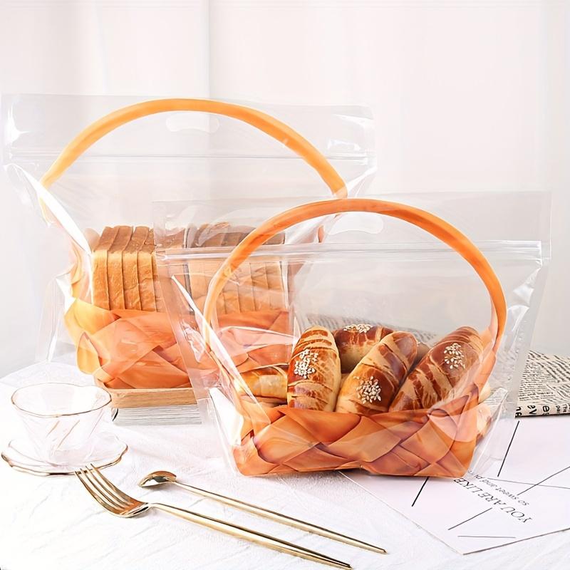50pcs Large Transparent Bread Toast Bags with Basket Pattern, Portable Self-Adhesive Bread Bakery Packaging Bags, Toast Bread Wrapping Bags