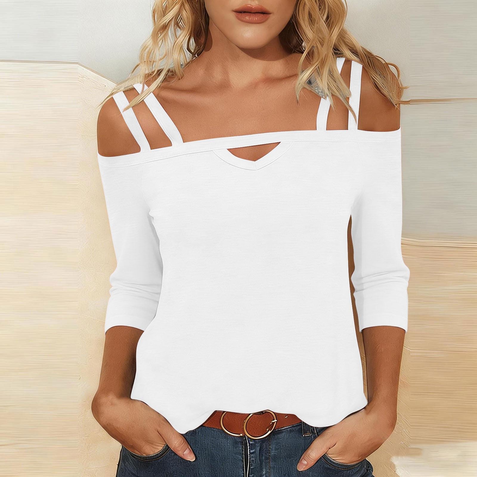 Womens Off Shoulder Top Short Sleeve Cut Out Detail Cross Strap Casual Blouse Summer Lightweight Knit Shirt L белый