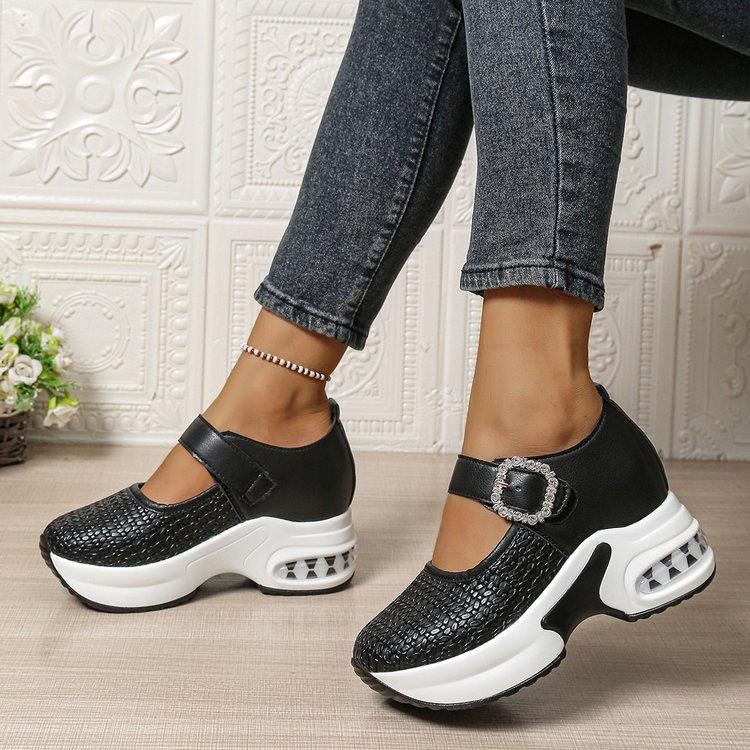 Damen Übergröße Plateau Strassbesatz Slipper Herbst Neu Europäisch Amerikanischer Stil Ein Riemen Schnalle Keilschuhe