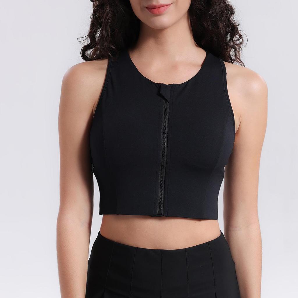 High-Impact Lycra Sports Bra with Front Zipper and Fixed Cups