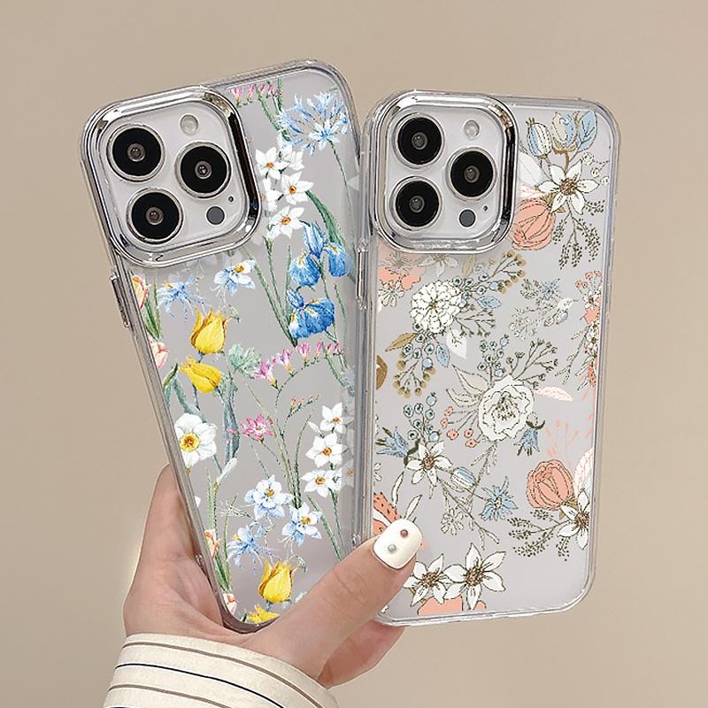 Plating Lens Frame Flowers Love Heart Phone Case For iPhone 16 15 14 13 12 Pro Max Plus 11 Clear TPU Shockproof Cover
