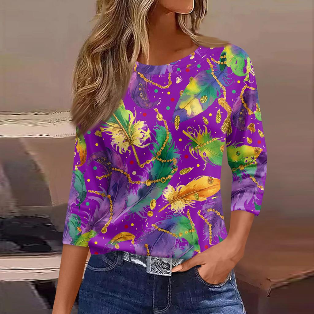 3/4 Length Sleeve Womens Tops Floral Print Vintage Fashion Casual Loose With Round Neck Plus Size Shirts