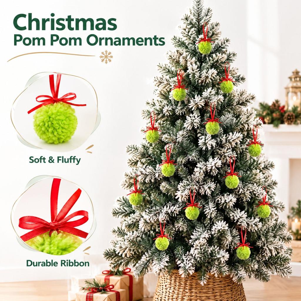 10-Piece Christmas Tree Ornaments Set with Green Pom Poms, Hanging Holiday Decorations for Party and Home