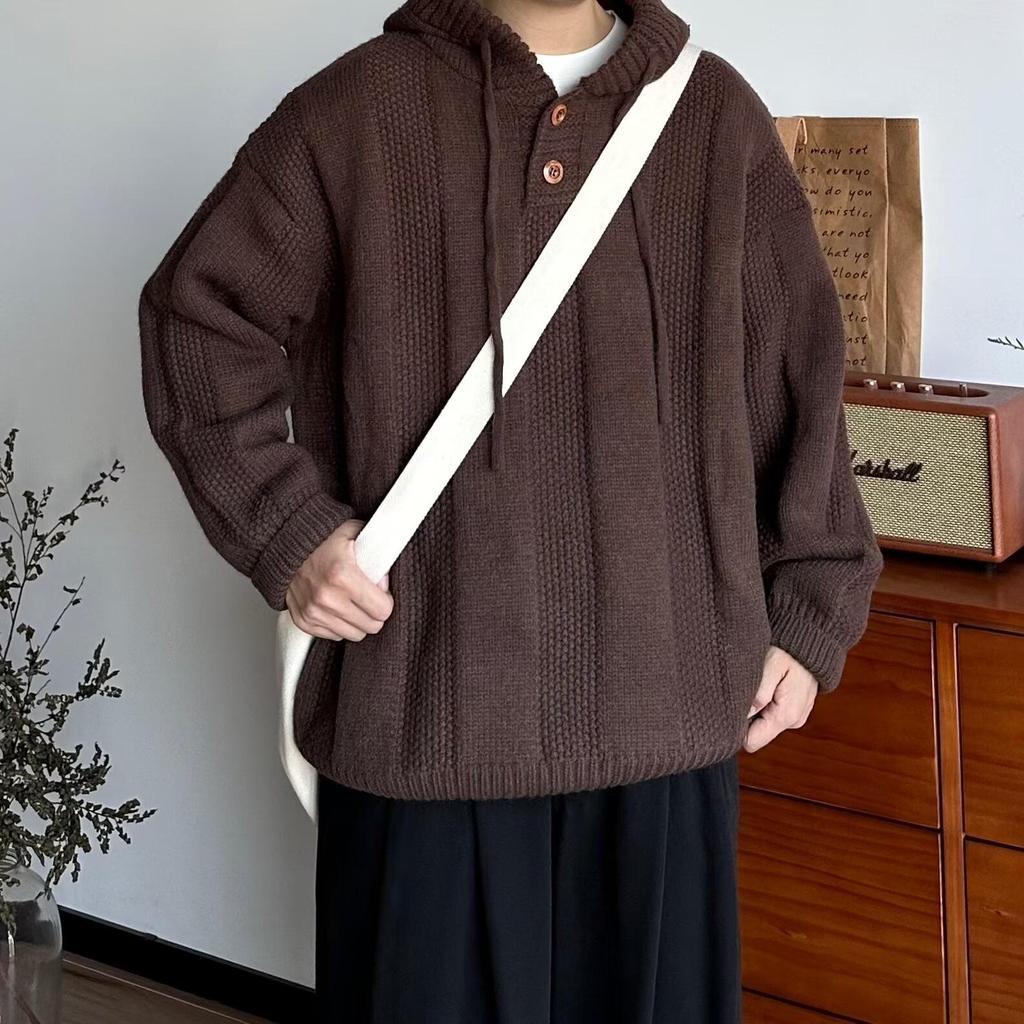 Pánský japonský pletený svetr s kapucí v barvě kávy - Teplý, volný střih pro podzim/zimu