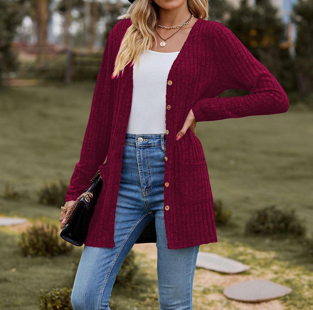 Women's Solid Color Buttoned Cardigan - Striped, Sanded, Long-Sleeve (2024 Autumn/Winter)