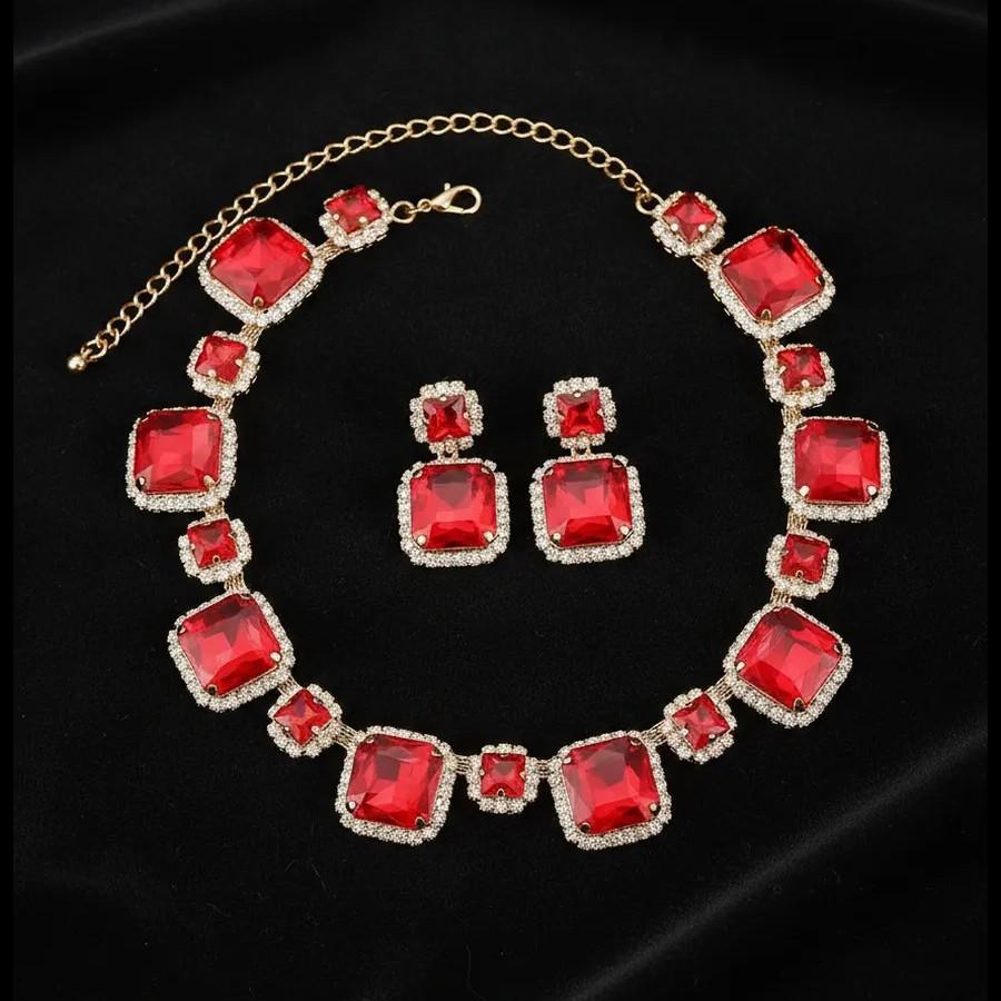 New Trend European And American Exaggerated Rectangular Geometric Multi-Layer Color Crystal Necklace Earrings Set Accessories красный
