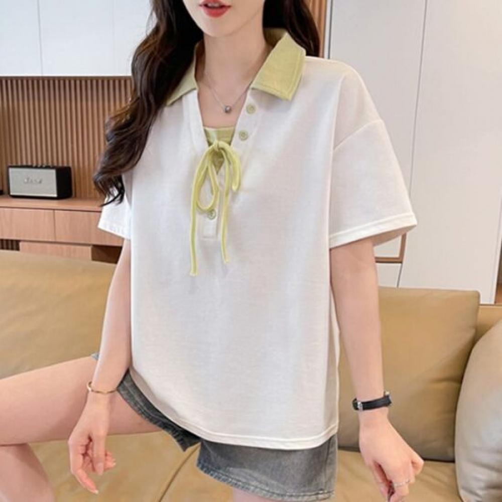 Navava Women ReTro Casual Loose FiT Ribbon Collar ShorT Sleeve T shirT nT3416