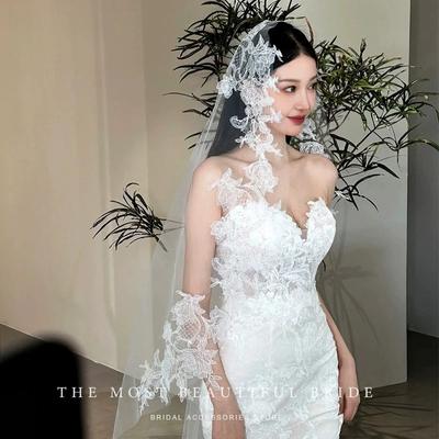 Retro Lace Long Trailing Veil Oil Painting Wedding Photography Photography and Makeup Styling Headwear