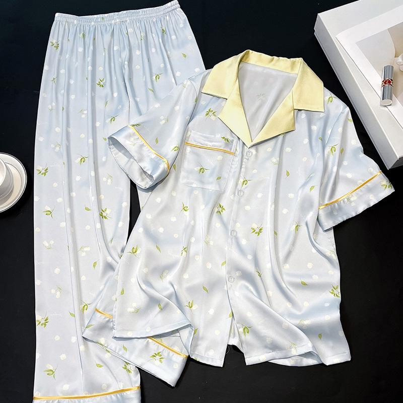 Spring And Summer Wind Floral Simulation Silk Pajamas Women'S Short-Sleeved Trousers Can Be Worn Outside Loungewear