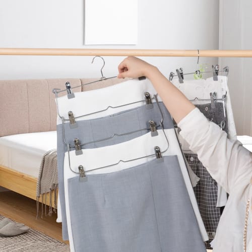 FairyHaus Space-Saving Trouser Hanger, 4-Piece Skirt Hanger, 4 Tiers, Rust-Resistant, Strong Trouser Hanger with Clips, 360-Degree Rotation, Space-Sav