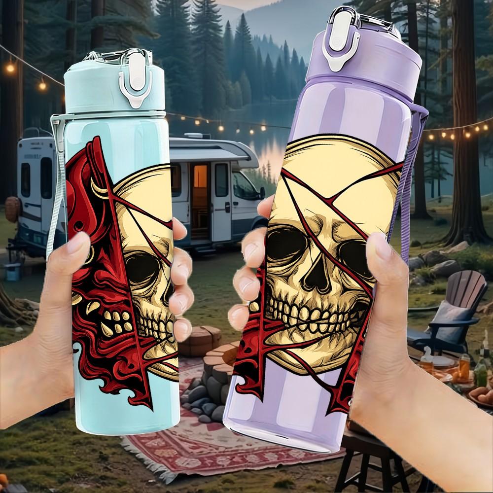 1PC Red Skull Rose Ornate Print 750ml Color Plastic Sports Water Bottle Leakproof Flip Straw Lid Suitable for Sports Office Home Use