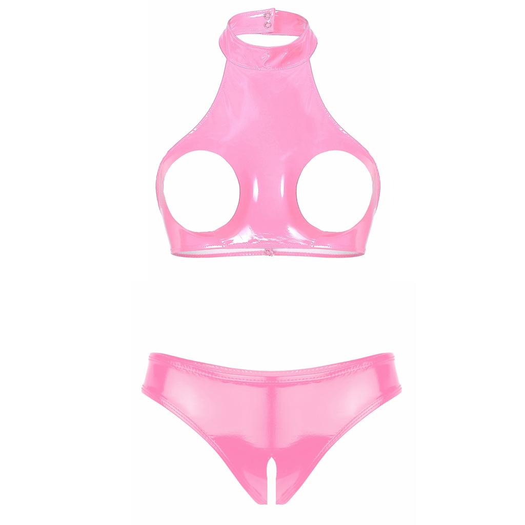 Set Top Corto da Donna in Pelle Verniciata con Busto Aperto e Slip con Cavallo Aperto